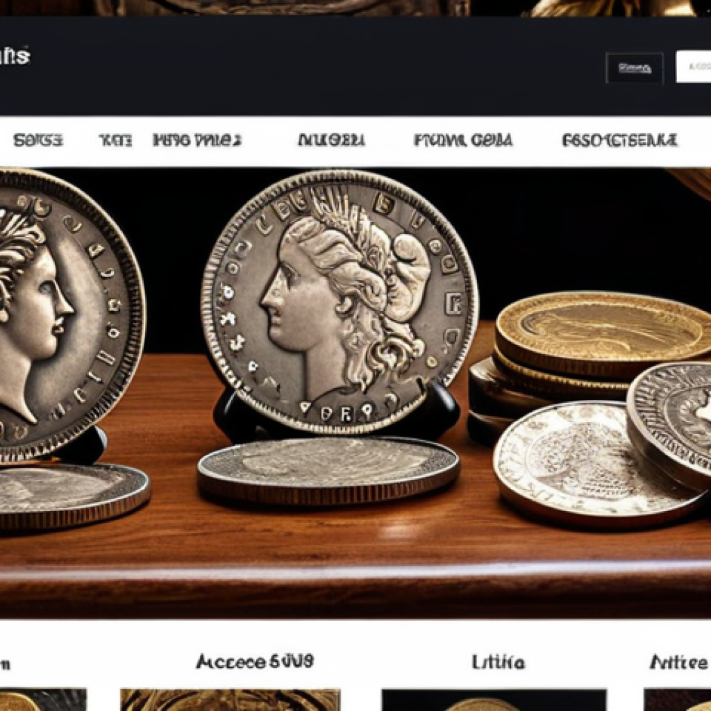 ** A bustling online marketplace showcasing rare coins, antique furniture, and artwork from around the world. Focus on the ease of access and global reach.

**