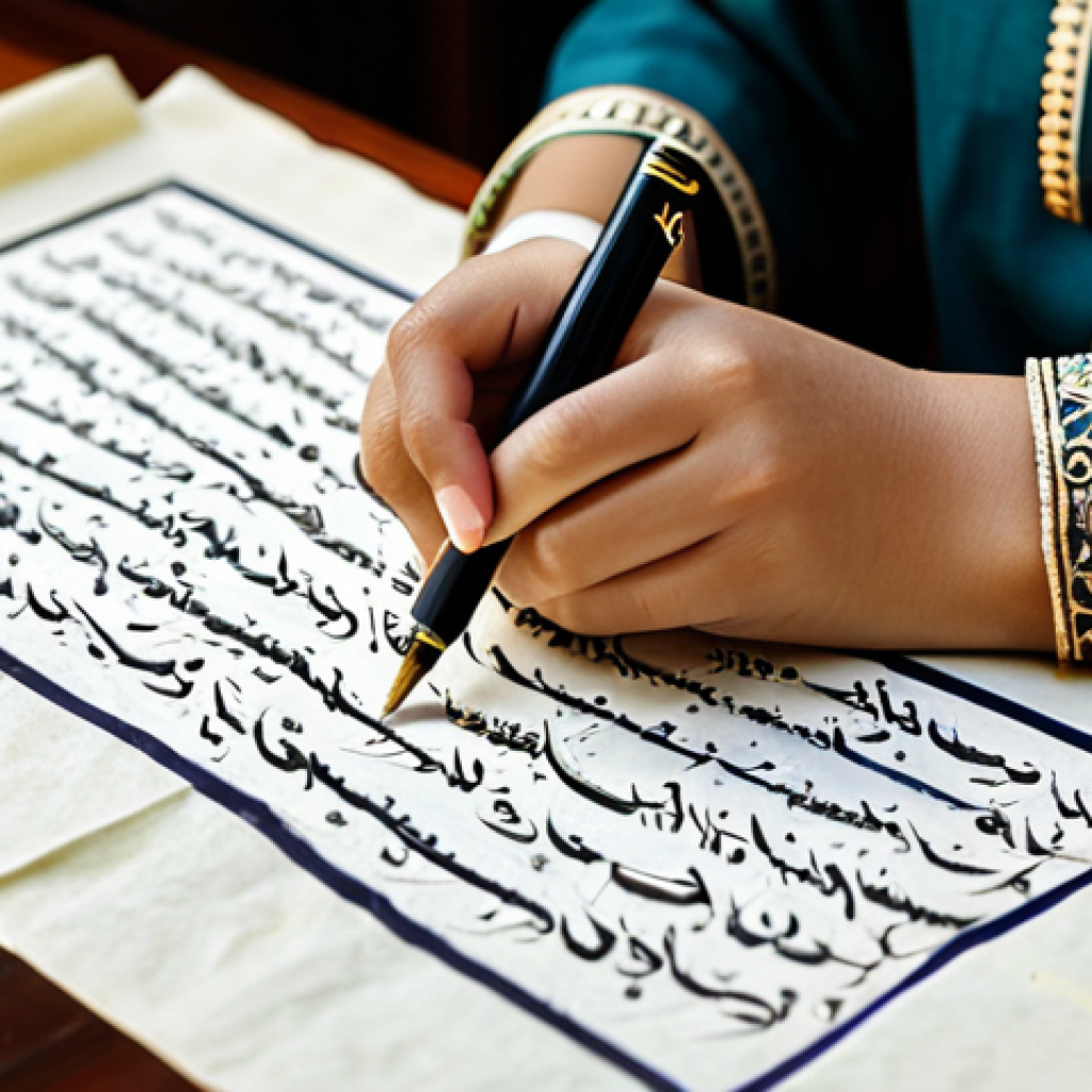 수집품 투자에 적합한 플랫폼 선택 - **Image Prompt 1:** A professional female calligrapher, fully clothed in a modest shalwar kameez, ca...
