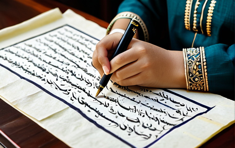 수집품 투자에 적합한 플랫폼 선택 - **Image Prompt 1:** A professional female calligrapher, fully clothed in a modest shalwar kameez, ca...