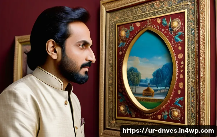 수집품 투자 시청각 자료 활용법 - **Prompt:** A focused Pakistani art collector, male, in his late 30s, wearing smart casual attire, m...