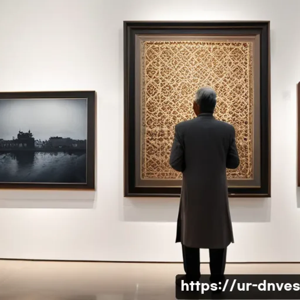 전시회에서의 수집품 투자 기회 - ) A photorealistic scene of a seasoned Urdu-speaking art collector in a softly lit contemporary gall...