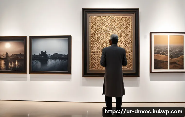 전시회에서의 수집품 투자 기회 - ) A photorealistic scene of a seasoned Urdu-speaking art collector in a softly lit contemporary gall...
