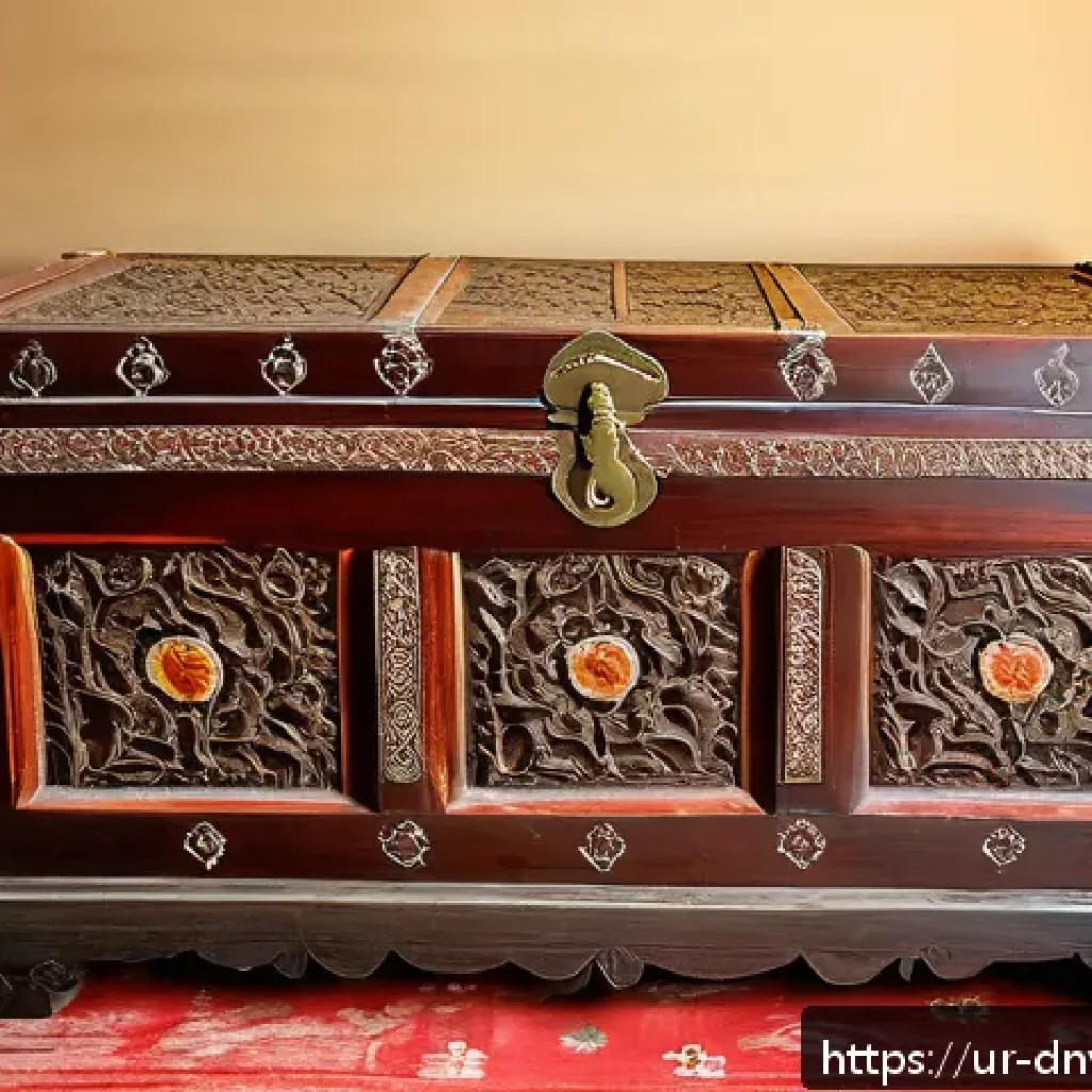 중고 물품 시장에서의 수집품 가치 - A high-resolution image of a well-preserved antique wooden chest with intricate floral carvings, sho...