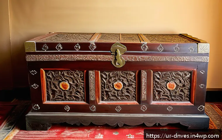 중고 물품 시장에서의 수집품 가치 - A high-resolution image of a well-preserved antique wooden chest with intricate floral carvings, sho...