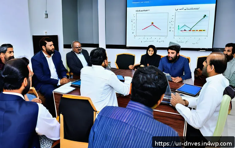 수집품 투자자 커뮤니티의 중요성 - A diverse group of Urdu-speaking investors gathered in a modern community center in Karachi, Pakista...