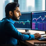 Home 23 수집품 투자 네트워크의 역할 - A professional South Asian man in traditional Pakistani attire, sitting at a modern desk with multip...