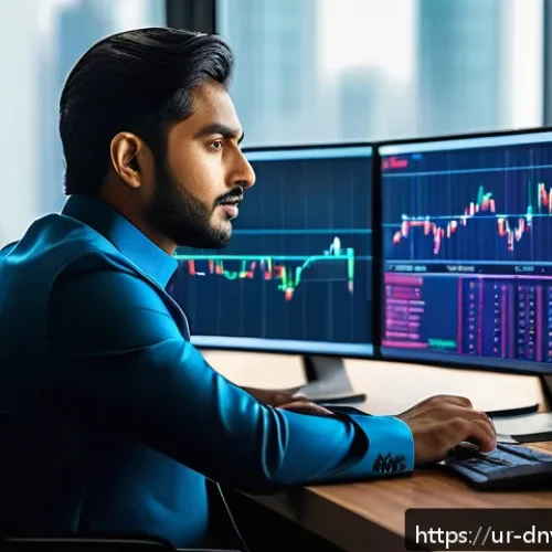 Home 17 수집품 투자 네트워크의 역할 - A professional South Asian man in traditional Pakistani attire, sitting at a modern desk with multip...