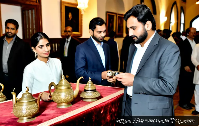 Home 17 전시회에서의 수집품 가치 평가 - Photorealistic collectibles valuation scene at a refined Lahore exhibition, a Pakistani antiques exp...